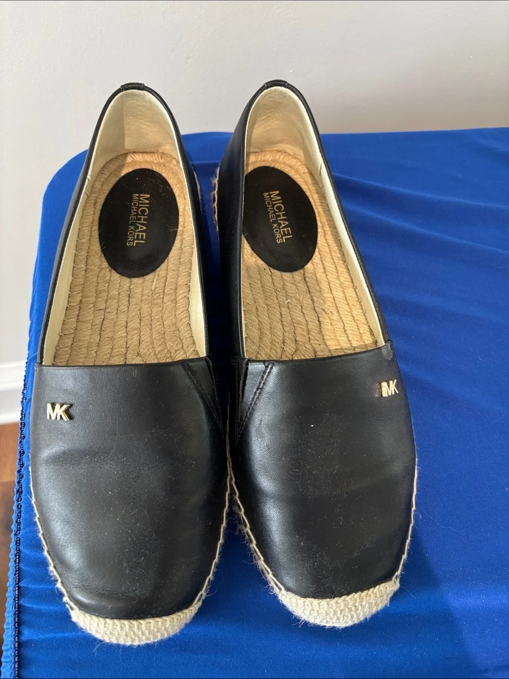 Michael Kors Black Leather Espadrille Slip-Ons with MK Accent